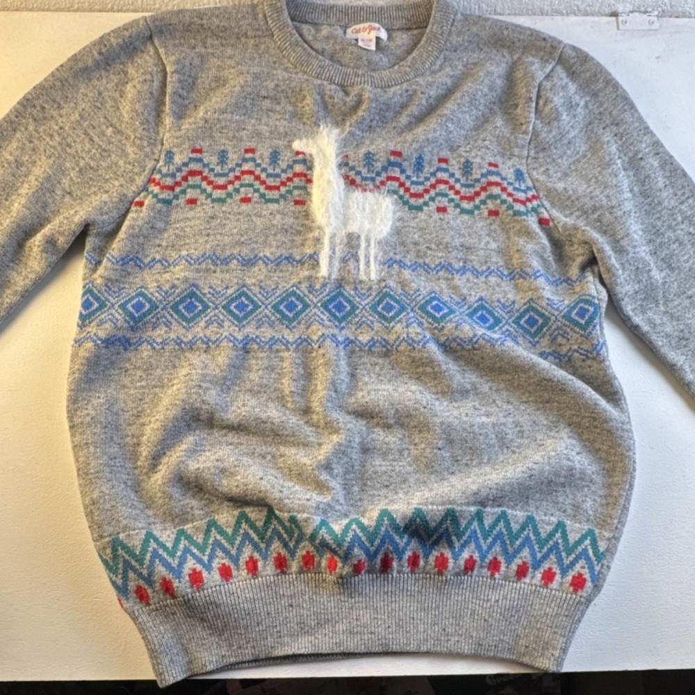 Cat & Jack Girls XL 16 Gray Knit Pullover Sweater Llama Fair Isle Long Sleeve